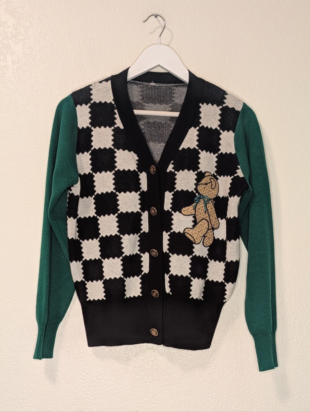 VTG Teenie Weenie Checkered Teddy Bear Cardigan Knit Sweater Preppy Green M